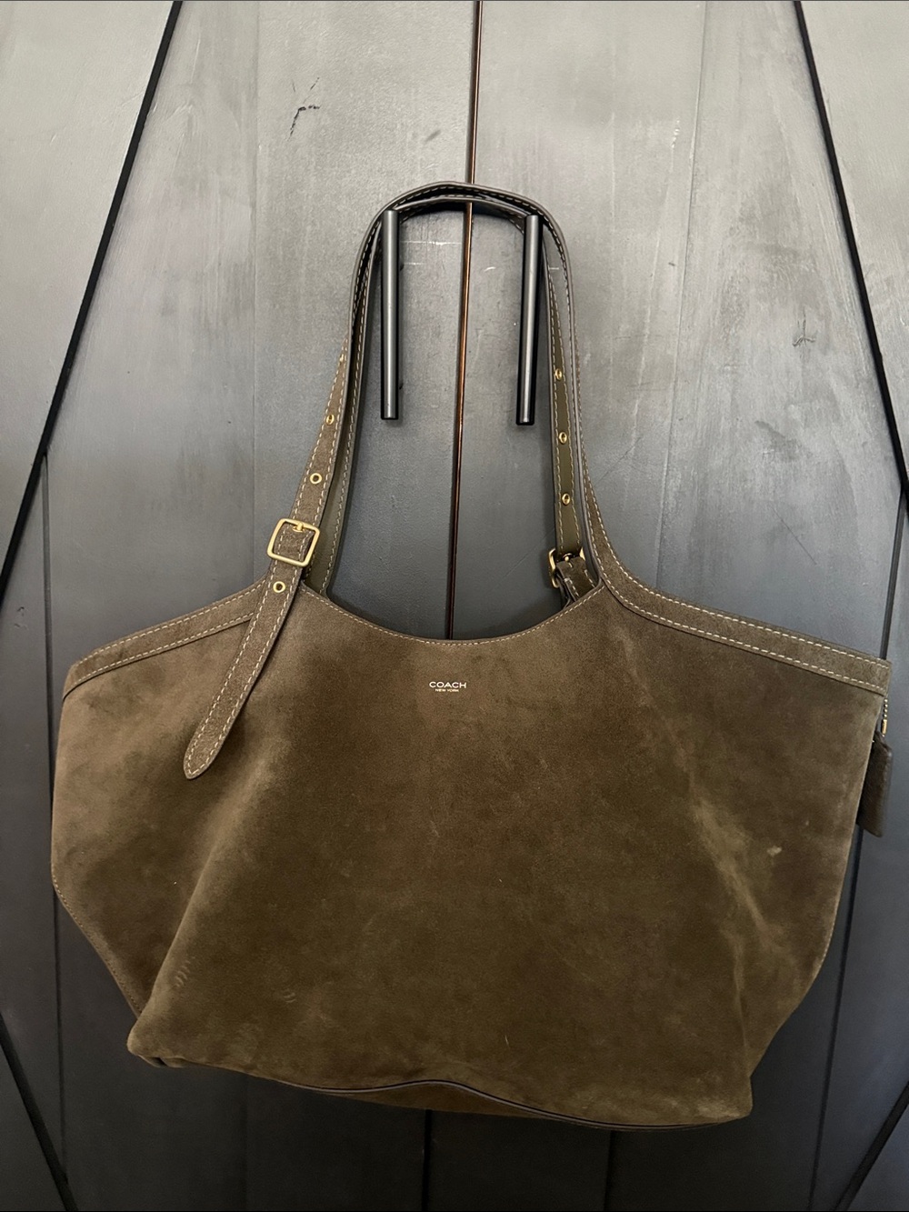 Coach Gramercy Tote Olive Brown Suede Tote with Adjustable Straps